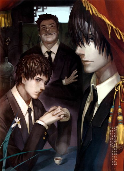 Anime picture 932x1280 with daomu (grave robbery note) kylin zhang xiao san ye axis (artist) tall image looking at viewer fringe short hair black hair smile brown hair sitting black eyes hair over one eye multiple boys teeth grey eyes crossed arms boy flower (flowers)