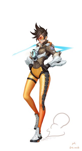 Anime picture 812x1500 with overwatch blizzard entertainment tracer (overwatch) shen yh single tall image fringe short hair simple background brown hair standing white background brown eyes signed looking away full body parted lips head tilt piercing dated