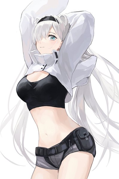 Anime picture 1240x1866 with arknights aurora (arknights) aurora (elite ii) (arknights) sensu single long hair tall image fringe blue eyes light erotic simple background white background animal ears looking away silver hair hair over one eye arms up midriff arm behind head extra ears