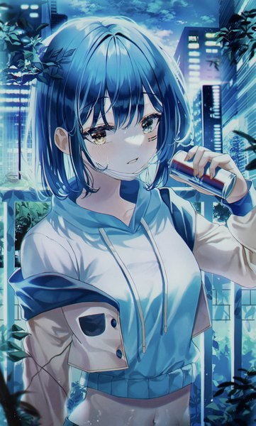 Anime picture 2532x4204 with original jjuha6 single tall image looking at viewer blush fringe highres short hair blue eyes hair between eyes holding yellow eyes blue hair sky outdoors long sleeves parted lips arm up fingernails