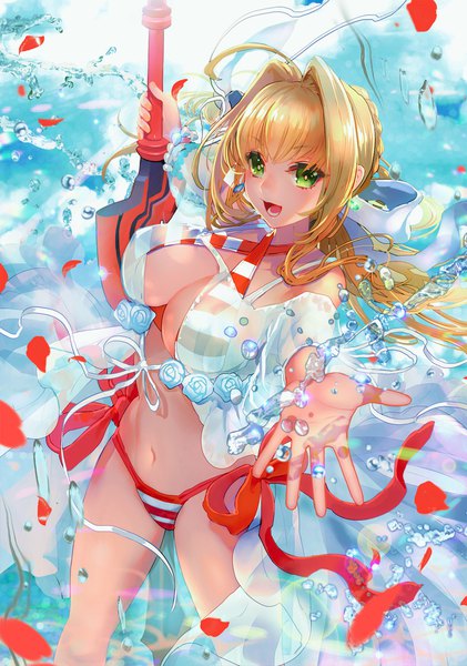 Anime picture 1200x1708 with fate (series) fate/grand order nero claudius (fate) (all) nero claudius (swimsuit caster) (fate) shutsuri single long hair tall image looking at viewer breasts open mouth light erotic blonde hair large breasts green eyes ahoge :d underwater outstretched hand girl
