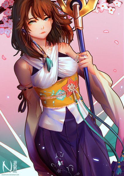 Anime picture 800x1131 with final fantasy final fantasy x square enix yuna (ff10) nesallienna single tall image blush fringe short hair blue eyes simple background brown hair holding green eyes signed looking away traditional clothes japanese clothes lips