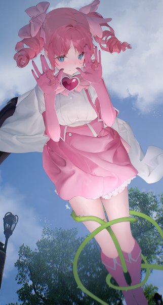 Anime picture 3282x6108 with mahou shoujo ni akogarete hanabishi haruka magia magenta dingding (chongsangjun) single long hair tall image looking at viewer blush highres blue eyes twintails pink hair absurdres sky cloud (clouds) outdoors arms up from below drill hair