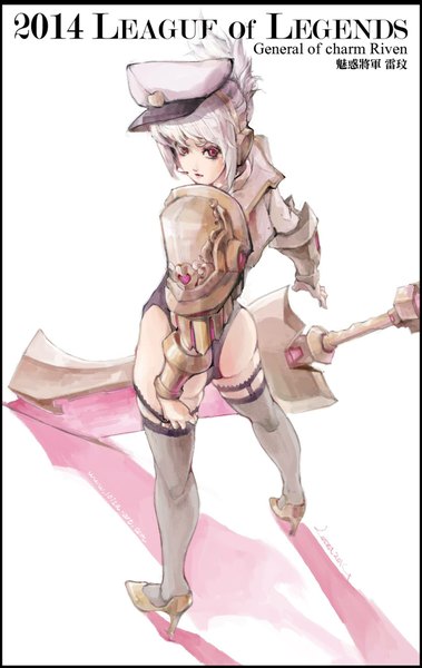 Anime picture 1296x2048 with league of legends riven (league of legends) loiza single tall image looking at viewer short hair light erotic red eyes silver hair ass looking back from behind girl thighhighs weapon black thighhighs sword headphones armor