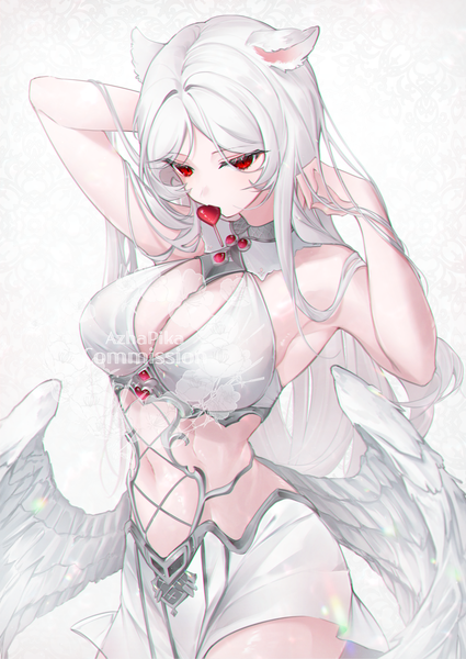 Anime picture 1500x2116 with original nellku24 single long hair tall image looking at viewer fringe breasts light erotic simple background hair between eyes red eyes large breasts standing white background holding signed animal ears white hair arms up