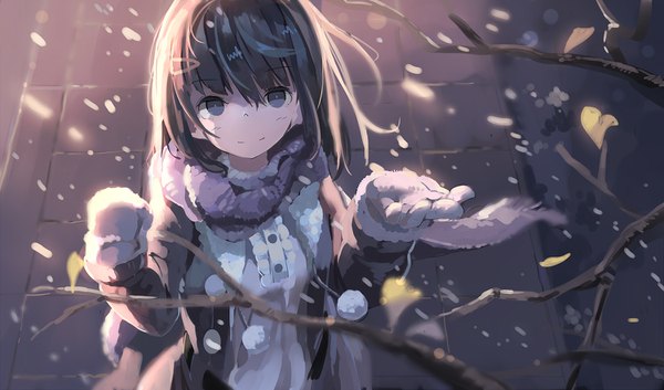 Anime picture 1500x884 with original huanxiang huifeng single fringe short hair black hair smile wide image outdoors from above wind arms up grey eyes snowing girl gloves scarf leaf (leaves) branch pom pom (clothes)