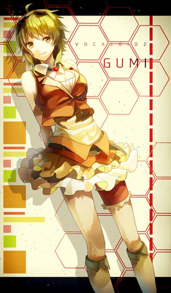 Anime picture 909x1546 with vocaloid gumi p.rupon single tall image looking at viewer short hair smile bare shoulders green eyes ahoge green hair character names hands behind back girl skirt goggles