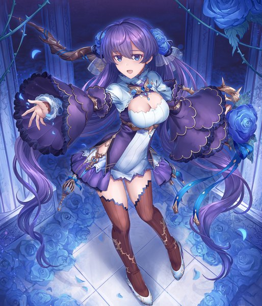 Anime picture 2394x2793 with original shichigatsu single long hair tall image looking at viewer fringe highres breasts open mouth blue eyes smile hair between eyes large breasts standing holding payot cleavage purple hair full body