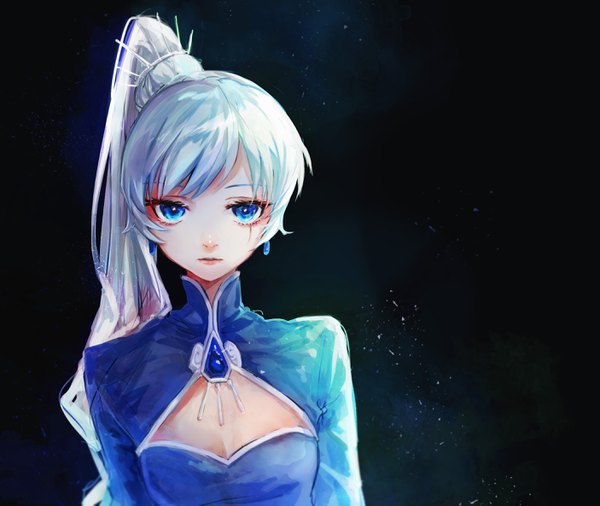 Anime picture 2809x2371 with rwby rooster teeth weiss schnee ziijii. osushimanchan single long hair looking at viewer fringe highres blue eyes silver hair upper body ponytail parted lips dark background scar cleavage cutout girl dress