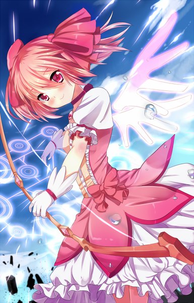 Anime picture 1156x1800 with mahou shoujo madoka magica shaft (studio) kaname madoka xephonia single tall image blush short hair red eyes pink hair girl dress gloves wings bow (weapon)