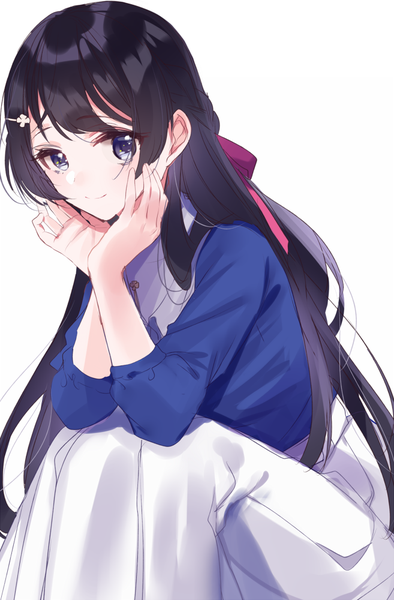 Anime picture 657x1000 with virtual youtuber nijisanji tsukino mito sinsihukunokonaka single long hair tall image black hair simple background white background sitting purple eyes light smile alternate costume half updo hands on face girl ribbon (ribbons) hair ribbon