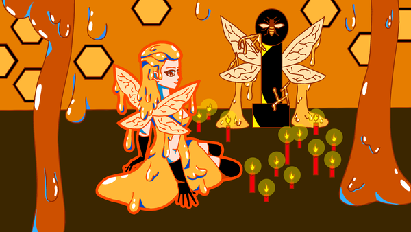 Anime picture 3840x2160 with original fenno7 single long hair highres wide image sitting looking away absurdres full body profile light smile orange hair orange eyes outline insect girl bee girl girl thighhighs dress