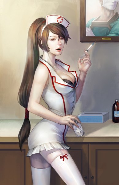 Anime picture 1000x1545 with league of legends akali (league of legends) shen (league of legends) noa ikeda single long hair tall image open mouth brown hair bare shoulders brown eyes cleavage ponytail nail polish realistic nurse girl thighhighs white thighhighs headdress