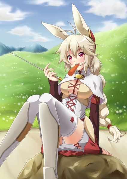 Anime picture 1050x1484 with rokka no yuusha nashetania loei piena augustra nanappe single long hair tall image looking at viewer breasts open mouth light erotic blonde hair red eyes large breasts sitting holding animal ears sky cleavage cloud (clouds) ahoge