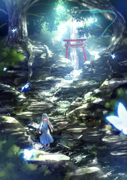Anime picture 800x1131 with original haru (ryosios) ryosios long hair tall image white hair heterochromia river rock waterfall girl dress plant (plants) tree (trees) water insect butterfly sundress