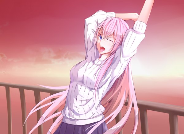 Anime picture 3508x2552 with vocaloid megurine luka single long hair highres open mouth blue eyes pink hair absurdres one eye closed wink arms up girl sweater