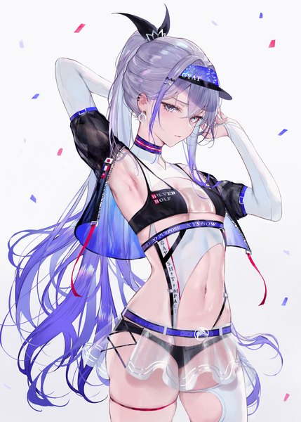 Anime picture 4131x5781 with honkai: star rail honkai (series) silver wolf (honkai: star rail) qiandaiyiyu single long hair tall image looking at viewer blush fringe highres breasts light erotic simple background hair between eyes standing white background payot absurdres silver hair