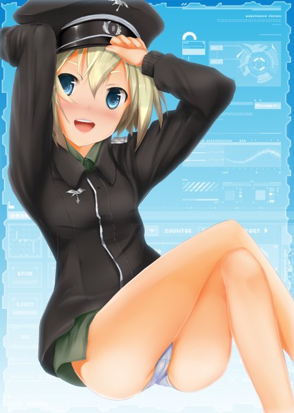 Anime picture 1200x1680 with strike witches erica hartmann pitui1996 (krmn-chan) single tall image blush open mouth blue eyes light erotic blonde hair smile crossed legs girl uniform underwear panties military uniform peaked cap