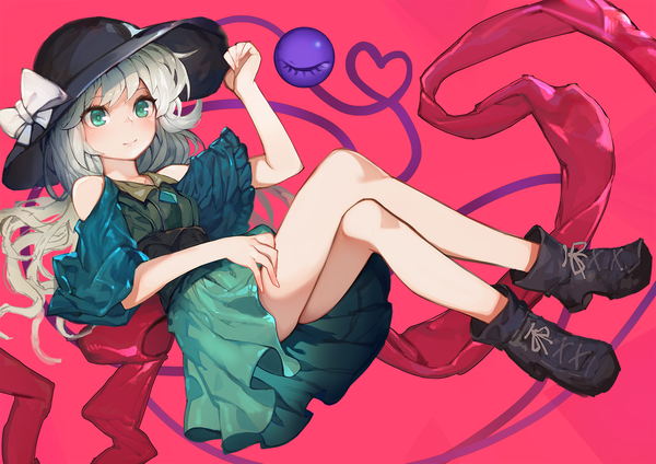 Anime picture 1445x1022 with touhou komeiji koishi onion (onion and pi-natto) single long hair looking at viewer blush fringe light erotic simple background smile bare shoulders green eyes full body green hair wide sleeves bare legs alternate costume crossed legs alternate hairstyle