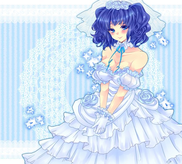 Anime picture 1000x900 with original pochihonya single blush short hair blue eyes smile blue hair sparkle girl dress gloves flower (flowers) wedding dress