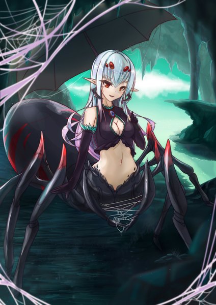 Anime picture 724x1024 with original rocknroll (artist) single long hair tall image looking at viewer blush fringe red eyes cleavage silver hair pointy ears bare belly midriff monster girl girl gloves navel elbow gloves insect