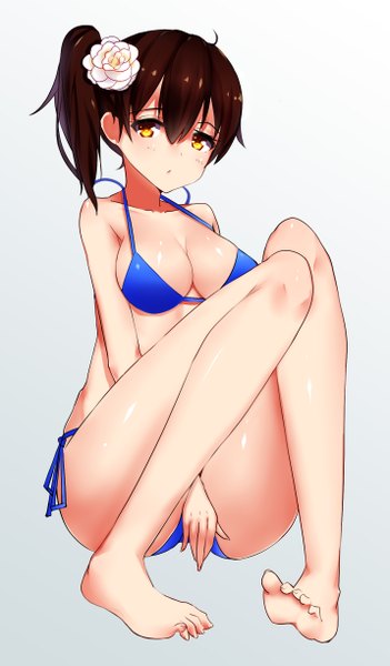 Anime picture 1431x2440 with kantai collection kaga aircraft carrier gin00 single tall image blush fringe breasts light erotic hair between eyes brown hair large breasts sitting bare shoulders yellow eyes ahoge bent knee (knees) barefoot hair flower bare legs
