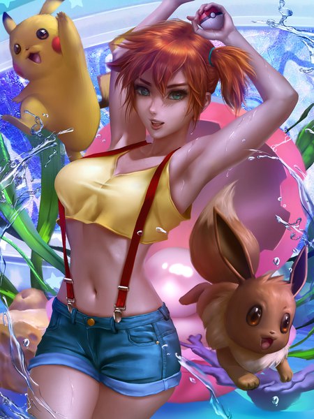 Anime picture 3071x4091 with pokemon nintendo pikachu eevee misty (pokemon) logan cure single tall image looking at viewer fringe highres short hair breasts open mouth light erotic smile hair between eyes standing holding green eyes