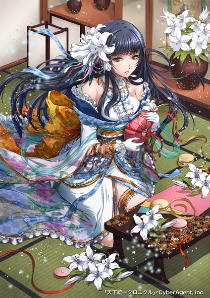 Anime picture 800x1131 with tenkuu no crystalia sakiyamama single long hair tall image looking at viewer blush fringe breasts black hair sitting bare shoulders holding brown eyes payot indoors blunt bangs traditional clothes parted lips japanese clothes