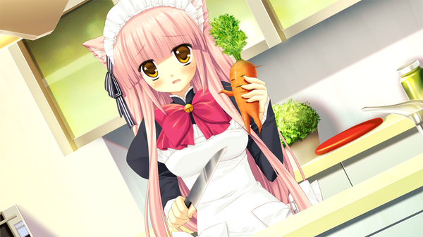 Anime picture 1024x576 with nekonade distortion nanakase gizmo long hair blush blonde hair wide image animal ears yellow eyes game cg cat ears maid girl bow vegetables carrot