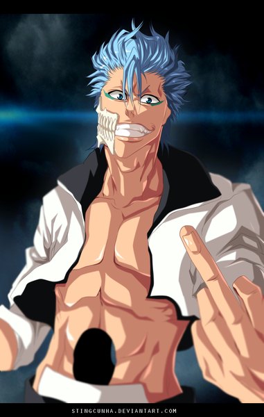 Anime picture 900x1417 with bleach studio pierrot grimmjow jeagerjaques stingcunha single tall image short hair blue eyes smile blue hair open clothes open shirt grin coloring letterboxed muscle espada boy shirt mask