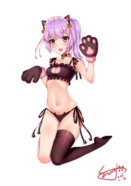 Anime picture 846x1200 with original pomie de sunny single tall image blush fringe short hair breasts open mouth light erotic simple background white background purple eyes signed animal ears looking away purple hair ponytail cat ears underwear only