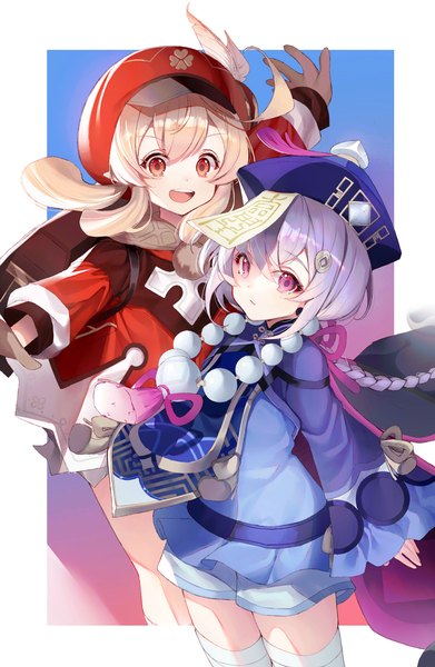 Anime picture 1500x2300 with genshin impact klee (genshin impact) qiqi (genshin impact) shotgunman long hair tall image open mouth blonde hair red eyes purple eyes multiple girls payot purple hair ahoge braid (braids) traditional clothes :d single braid chinese clothes spread arms