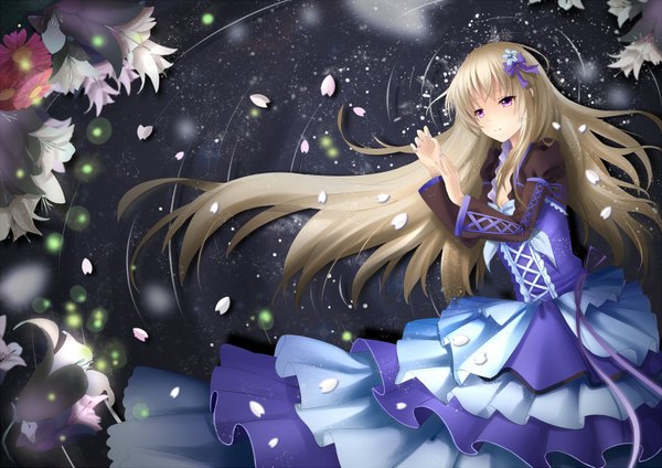 Anime picture 1600x1131 with original yeluno meng single long hair looking at viewer blonde hair purple eyes girl dress hair ornament flower (flowers) petals