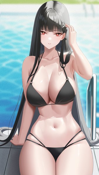 Anime picture 3000x5333 with blue archive rio (blue archive) re-leaf single long hair tall image looking at viewer fringe highres breasts light erotic black hair red eyes large breasts sitting cleavage outdoors blunt bangs parted lips arm up