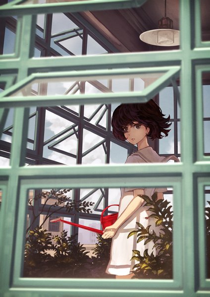 Anime picture 707x1000 with original kaoming single tall image looking at viewer short hair brown hair holding brown eyes sky cloud (clouds) indoors wind girl plant (plants) window sundress watering can