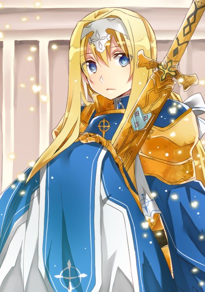 Anime picture 574x816 with sword art online sword art online: alicization a-1 pictures alice zuberg getsuyoubi single long hair tall image looking at viewer fringe blue eyes blonde hair hair between eyes sitting payot sparkle eyebrows sheathed girl bow