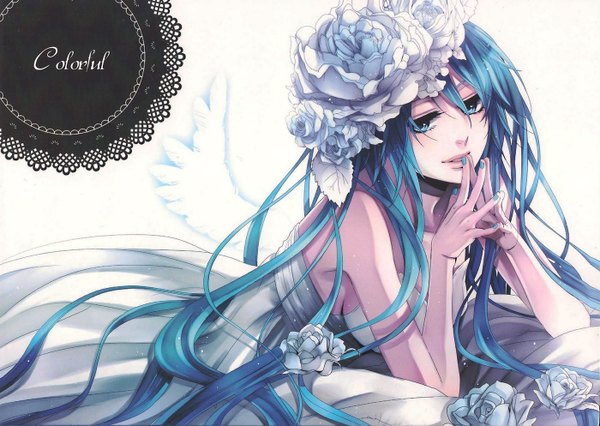 Anime picture 1400x994 with vocaloid hatsune miku suzunosuke (sagula) looking at viewer fringe blue eyes simple background white background lying very long hair hair flower light smile scan aqua hair white wings girl dress hair ornament flower (flowers) wings