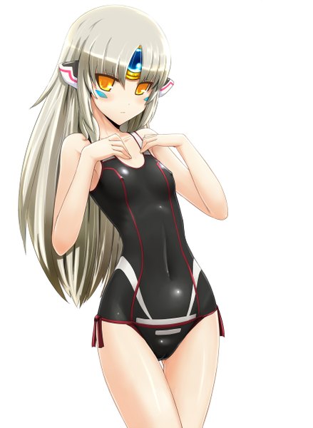 Anime picture 891x1219 with elsword eve (elsword) tora (huuunnji) single long hair tall image looking at viewer fringe highres light erotic simple background blonde hair white background bare shoulders orange eyes girl swimsuit one-piece swimsuit black swimsuit
