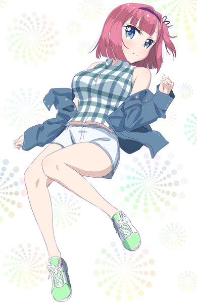 Anime picture 1330x2048 with new game! doga kobo mochizuki momiji pink x single tall image looking at viewer blush fringe short hair blue eyes simple background white background bare shoulders pink hair full body bent knee (knees) off shoulder open jacket plaid