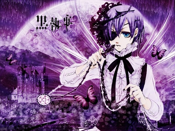 Anime picture 1024x768 with kuroshitsuji a-1 pictures ciel phantomhive single short hair blue eyes purple hair nail polish purple background boy shirt frills bowtie insect butterfly eyepatch castle