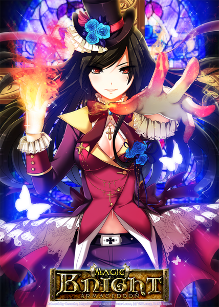 Anime picture 700x980 with magic knight armageddon zenithomocha single long hair tall image black hair smile red eyes inscription magic girl gloves flower (flowers) white gloves rose (roses) insect butterfly cross fire blue rose