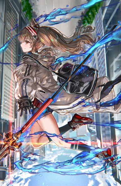 Anime picture 1038x1600 with arknights angelina (arknights) ranou single long hair tall image looking at viewer blush fringe red eyes brown hair twintails animal ears sky cloud (clouds) full body bent knee (knees) profile open jacket floating hair