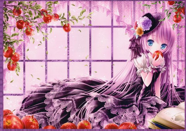 Anime picture 4923x3479 with original tinker bell single long hair looking at viewer blush highres blue eyes absurdres purple hair scan loli girl dress flower (flowers) hat leaf (leaves) fruit apple