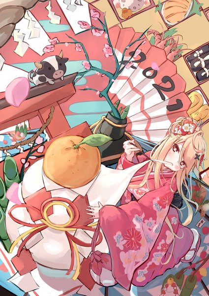 Anime picture 2507x3541 with original mikami hotaka single long hair tall image fringe highres blonde hair hair between eyes yellow eyes traditional clothes japanese clothes eating new year 2021 girl hair ornament animal food kimono