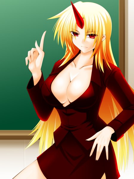 Anime picture 1536x2048 with touhou hoshiguma yuugi engo (aquawatery) single long hair tall image breasts light erotic blonde hair red eyes large breasts horn (horns) teacher girl suit
