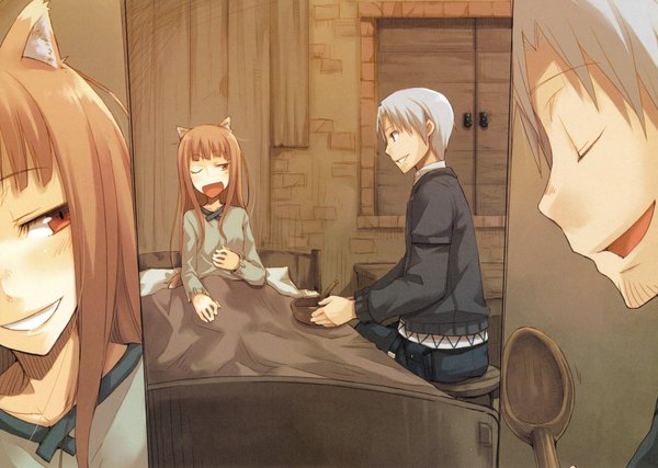 Anime picture 2244x1600 with spice and wolf horo craft lawrence highres animal ears couple bed