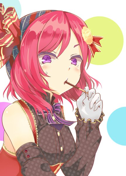 Anime picture 648x901 with love live! school idol project sunrise (studio) love live! nishikino maki namazu (artist) single tall image looking at viewer blush short hair purple eyes bare shoulders pink hair upper body eating polka dot girl gloves hair ornament detached sleeves