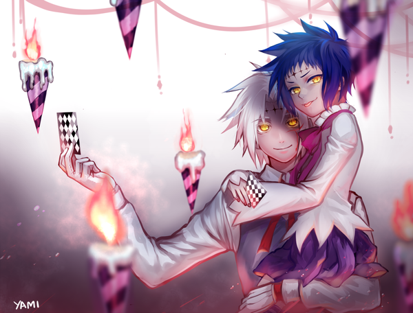 Anime picture 1280x973 with d.gray-man allen walker road kamelot frizent looking at viewer short hair smile holding yellow eyes blue hair white hair tattoo depth of field hug glowing glowing eye (eyes) :p messy hair carrying girl