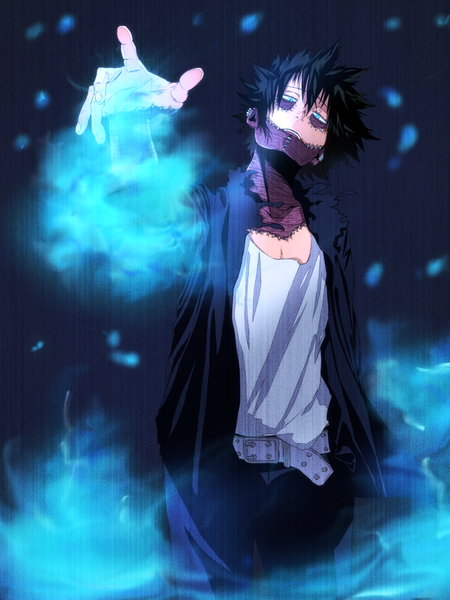 Anime picture 800x1067 with boku no hero academia studio bones dabi (boku no hero academia) chobe 2 single tall image looking at viewer fringe short hair open mouth blue eyes black hair simple background hair between eyes standing head tilt open jacket piercing torn clothes magic