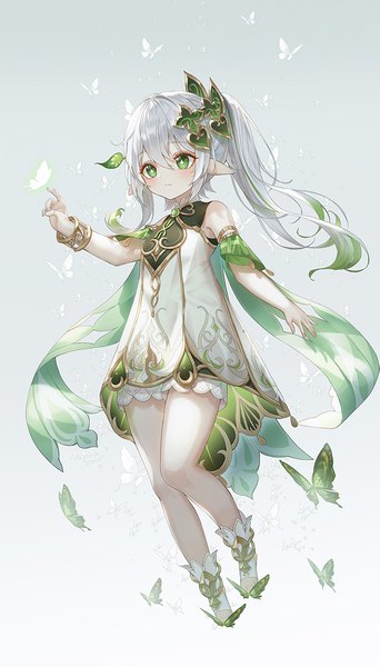 Anime picture 684x1200 with genshin impact nahida (genshin impact) vennie single long hair tall image fringe hair between eyes green eyes looking away silver hair full body pointy ears loli side ponytail girl dress hair ornament insect butterfly